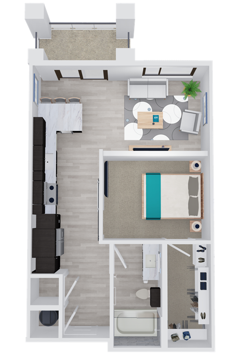Floor plan for 1 bed, 1 bath, 612 sqft